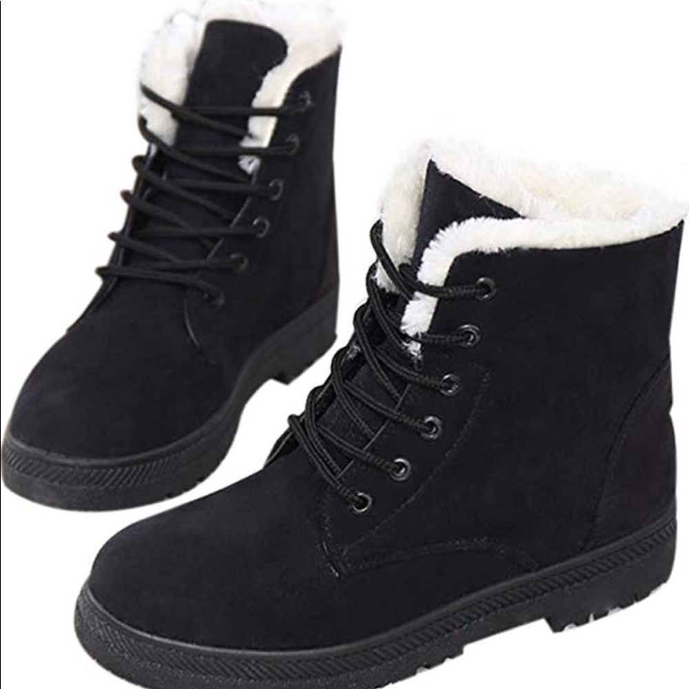 Platform Warm Fur Snow Ankle Lace Up Flat Booties - Picture 3 of 4
